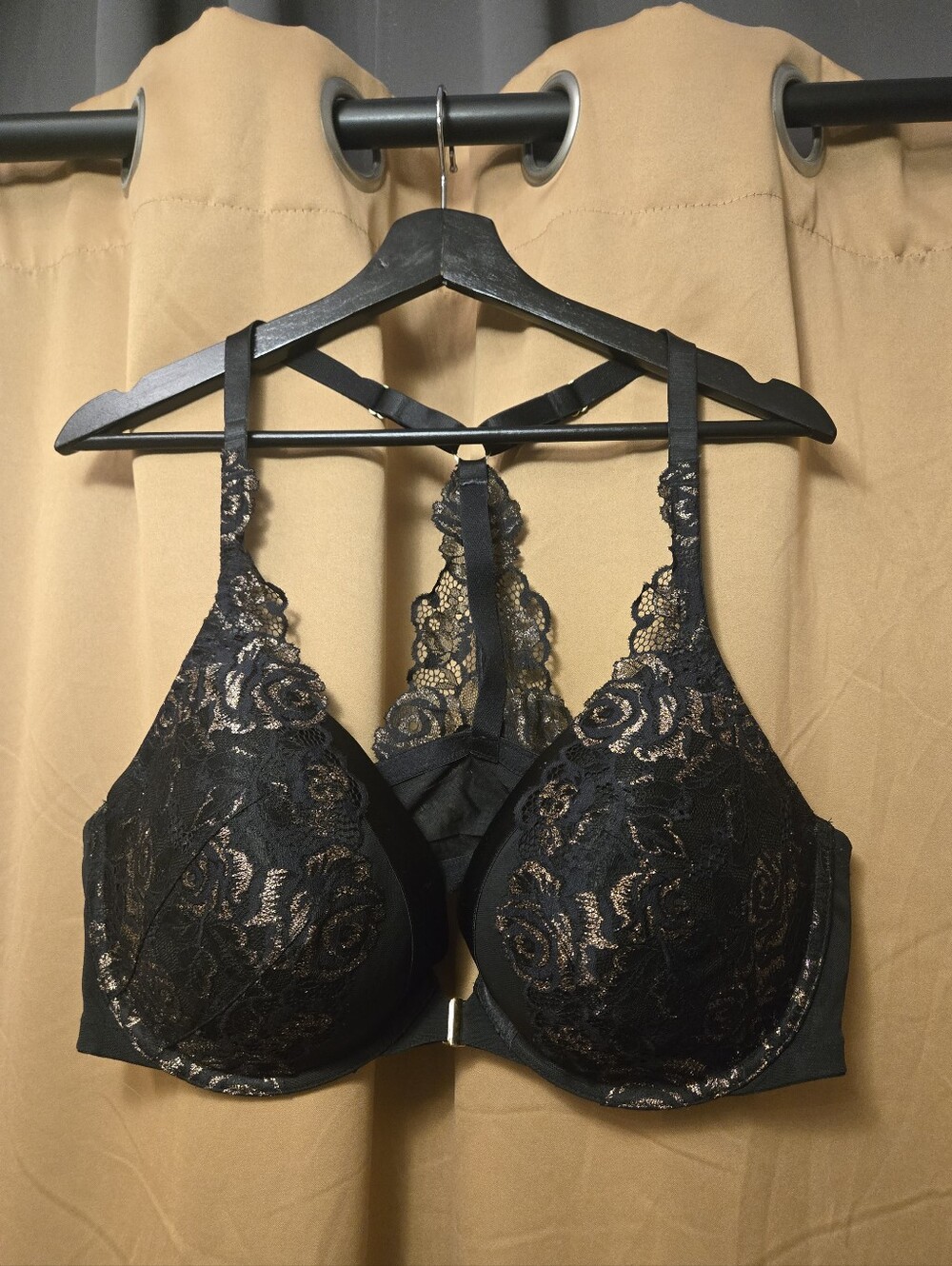 Cacique 44DD Black Lace Plunge Bra with Strappy Back Detail